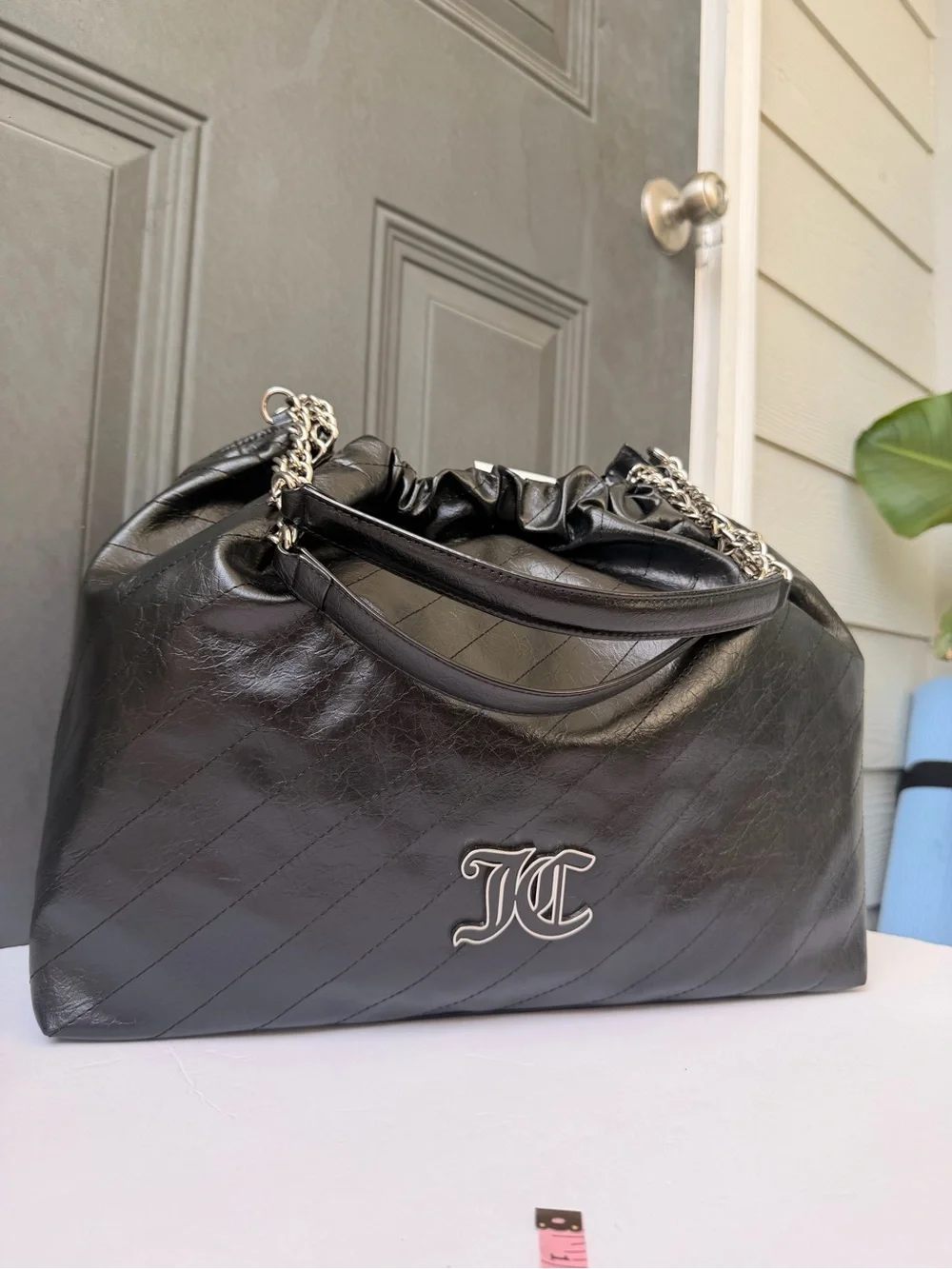 Juicy Couture Black Quilted Leather Tote with Silver Chain Handles